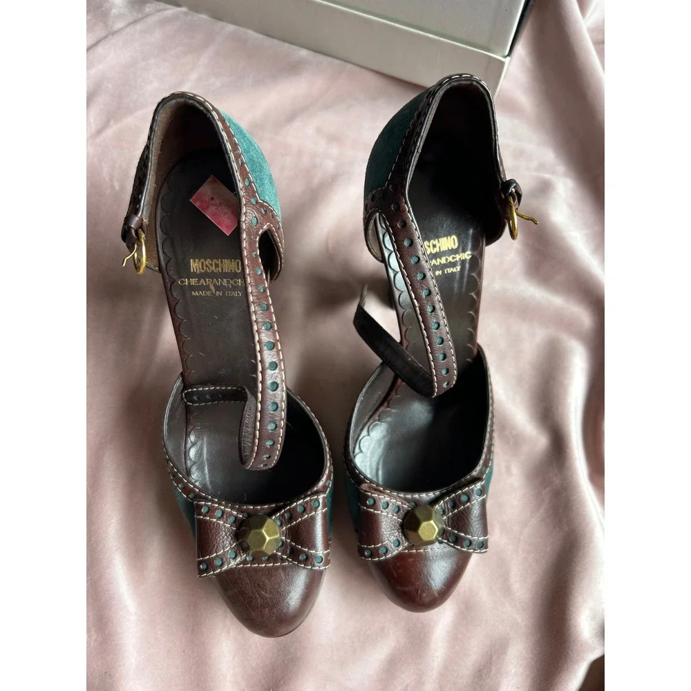Moschino Cheap and Chic Heels Womens Size 8 Brown Teal Good Brogue Bow
